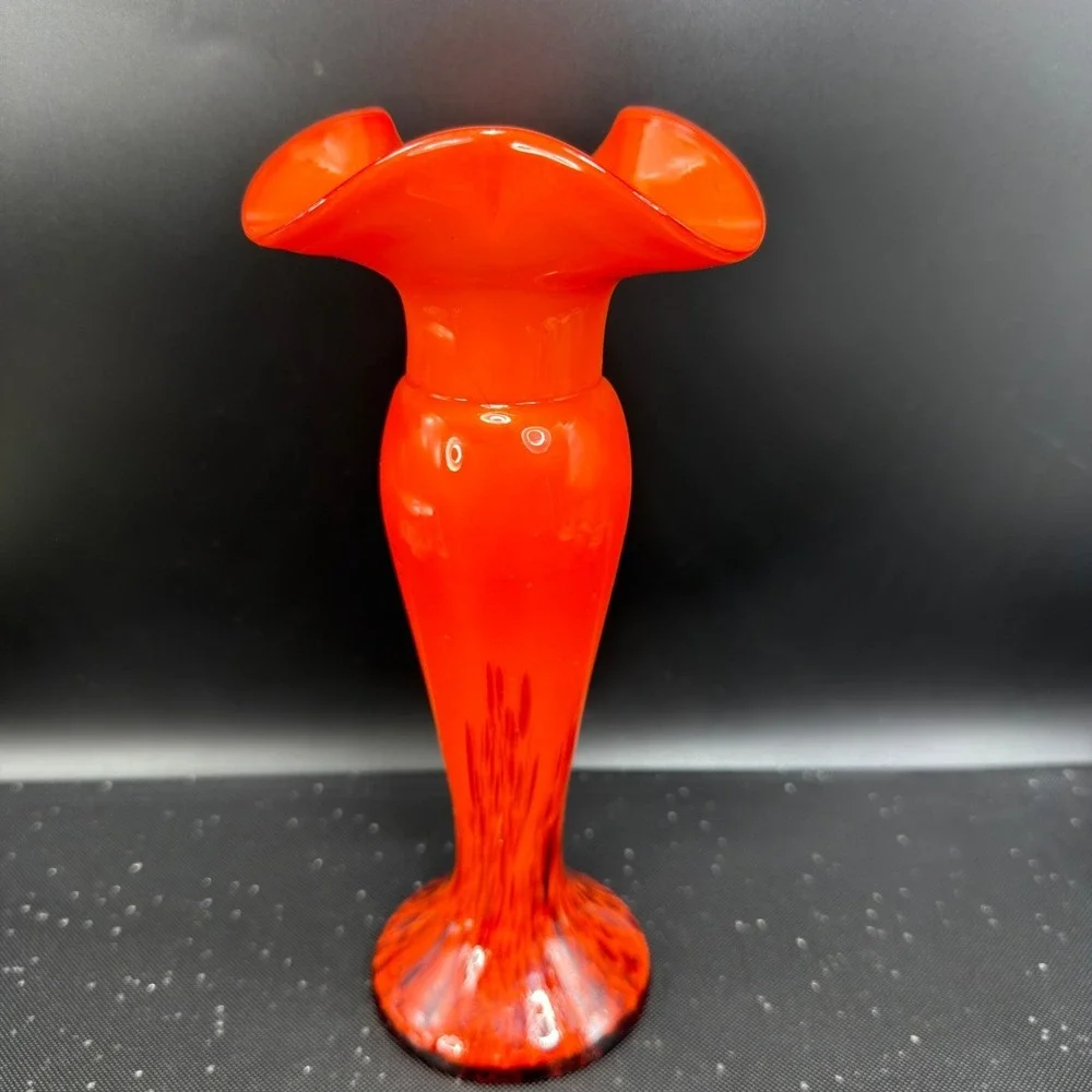 Vintage Czech Art Glass Ruffled Vase Orange Bohemian Mid Century Modern 8in